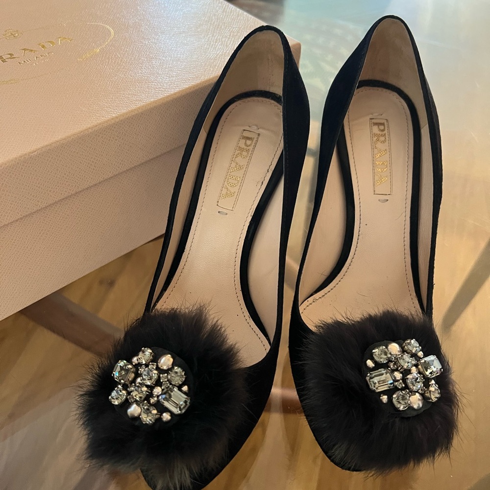 Prada Black Heels with Crystal Embellishments